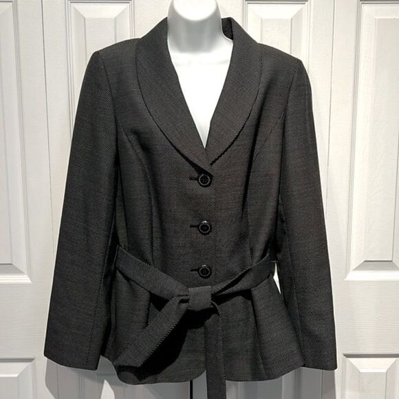 Dana Buchman Navy with White Tiny Polka Dots Wool Belted Blazer Jacket Size 12 - Picture 1 of 15